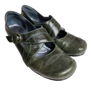 JOSEF SEIBEL Green Leather Mary Jane Black Comfort Shoes Walking Wedge Sz 6-6.5